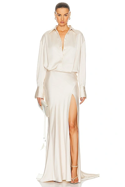 Attico Long-sleeve Satin Gown In Neutrals