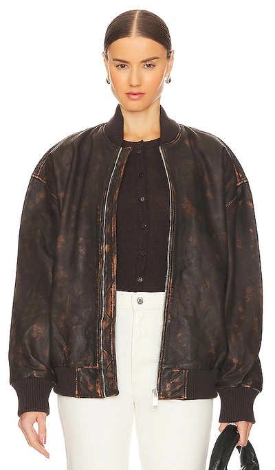 Grlfrnd Distressed Leather Oversized Bomber In Chocolate Brown