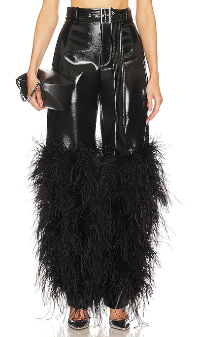 Lapointe High-rise Feather-trim Patent Faux Leather Straight-leg Belted Trousers In Black