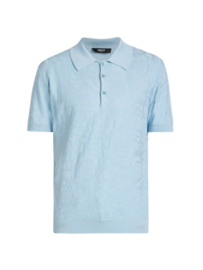 Versace Men's Tonal Barocco Knit Polo Shirt In Blue