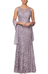 ALEX EVENINGS SLEEVELESS ILLUSION NECK EMBROIDERED GOWN IN LAVENDER