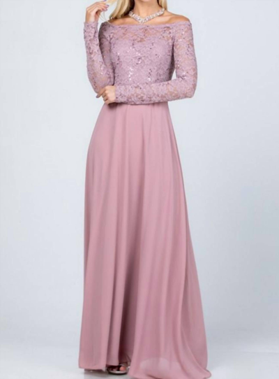 La Scala Long Sleeve Lace & Chiffon Gown In Blush In Pink