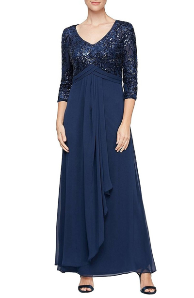 ALEX EVENINGS STRETCH FLORAL SEQUIN MESH EMPIRE WAIST GOWN IN ROYAL BLUE