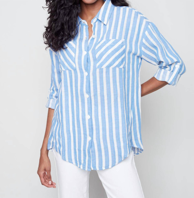 Charlie B Roll Up Sleeve Button Front Shirt In Blue