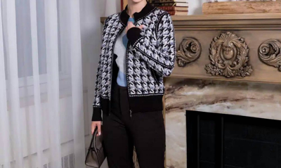 Alison Sheri Houndstooth Zip Cardigan In Black Multi In White