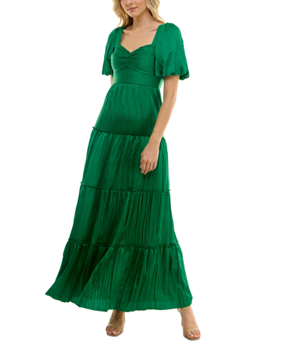 Crystal Doll Juniors' Puff-sleeve Crinkle Satin Dress In Emerald