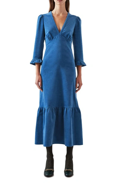 Lk Bennett Deborah Ruffle Corduroy Midi Dress In Blu-blue