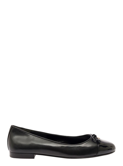 TORY BURCH BLACK BALLET FLATS WITH BOW DETAIL AND TONAL TOE IN LEATHER WOMAN