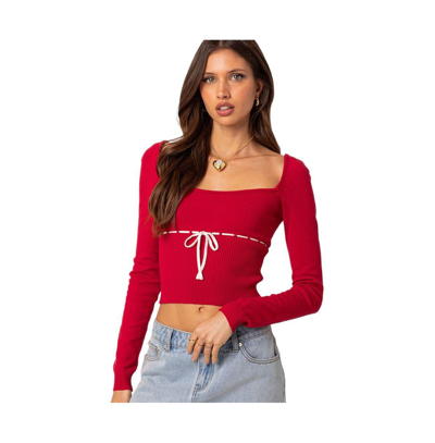 Edikted Natasha Square Neck Long Sleeve Knit Top In Red