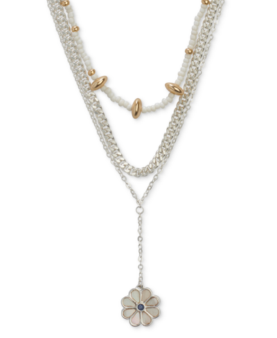 Lucky Brand Two-tone Color Stone & Mother-of-pearl Daisy Beaded Layered Lariat Necklace, 15-1/4" + 2" Extender In Yellow