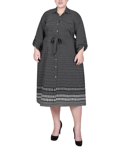 Ny Collection Plus Size 3/4 Roll Tab Sleeve Belted Shirtdress In Black Border