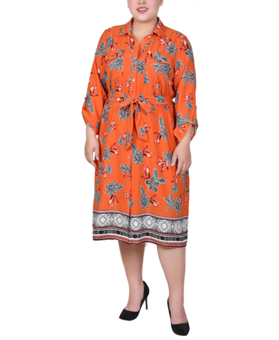 Ny Collection Plus Size 3/4 Roll Tab Sleeve Belted Shirtdress In Tiger Romegarden