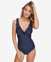 DKNY RUFFLE PLUNGE UNDERWIRE TUMMY CONTROL ONE-PIECE SWIMSUIT, CREATED FOR MACY'S