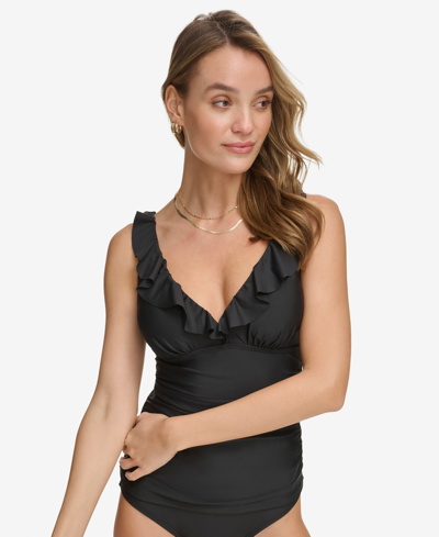 Dkny Womens Ruffle Neck Tankini Top Classic Mid Rise Bottoms In Black