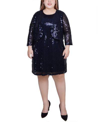 Ny Collection Plus Size Sequined Bolero Jacket And Dress, 2 Piece Set In Navy