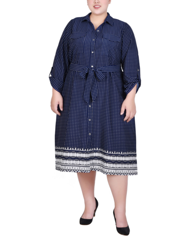 Ny Collection Plus Size 3/4 Roll Tab Sleeve Belted Shirtdress In Navy Border