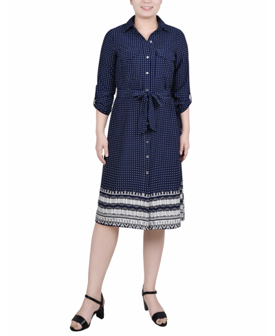 Ny Collection Petite 3/4 Roll Tab Sleeve Belted Shirtdress In Navy Border