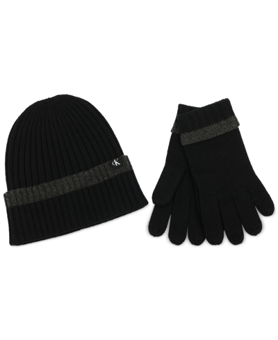 Calvin Klein Men's Tipped Cuffed Beanie & Gloves Set In Black