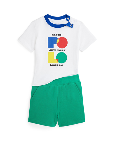 Polo Ralph Lauren Baby Boys Logo Cotton Jersey T-shirt And Mesh Shorts Set In White With Heritage Blue
