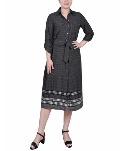 Ny Collection Petite 3/4 Roll Tab Sleeve Belted Shirtdress In Aztec Border