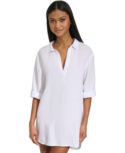 Dkny Women's Gauze Beach Tunic Cotton Cover-up Dress In Soft White