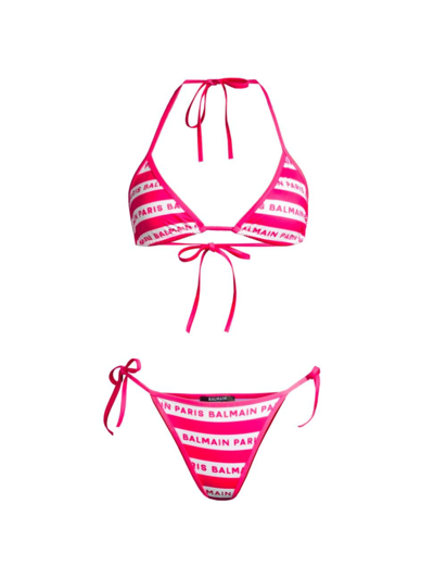 Balmain Women's Logo Triangle Two-piece Bikini Set In Pink White