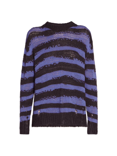 Acne Studios Karita Distressed Stripe Open Stitch Cotton, Mohair & Wool Blend Sweater In Charcoal Grey Purple