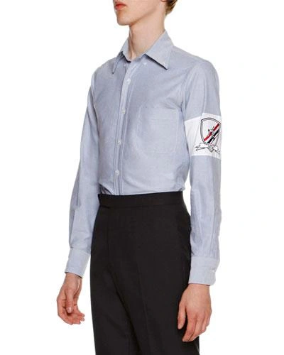 Thom Browne Embroidery Patch Armband Button Down Point Collar Shirt In Blue Oxford In Light Blue