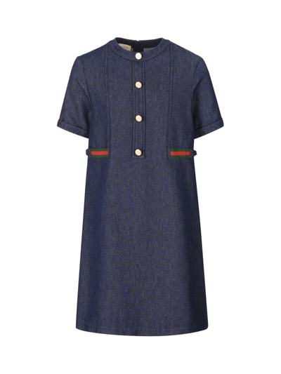 Gucci Kids Stripe Detailed Crewneck Denim Dress In Blue