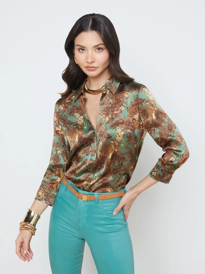 L Agence Dani Button-front Silk Shirt In Olive Multi Palm Leopard