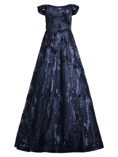 Basix Women's Sequin Embroidered Off-the-shoulder Gown In Navy