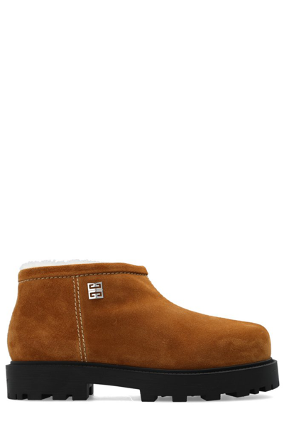 Givenchy Shearling-lined Logo-embellished Suede Boots In Beige Camel
