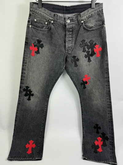 Pre-owned Chrome Hearts Red Black Cross Patch Jeans In Grey