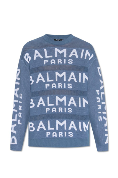 Balmain Logo Jacquard Crewneck Sweater In Pale Blue/white