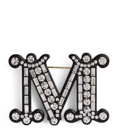 Max Mara Crystal-embellished Monogram Brooch In Black