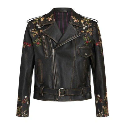Etro Floral-embroidery Leather Biker Jacket In Black