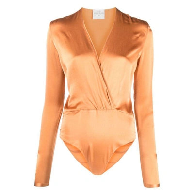 Forte Forte V-neck Satin-finish Bodysuit In Orange