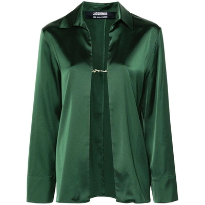 Jacquemus Notte Logo-lettering Satin Shirt In Green