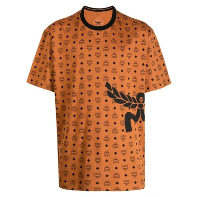 Mcm Mega Laurel Monogram Print T-shirt In Organic Cotton In Cognac