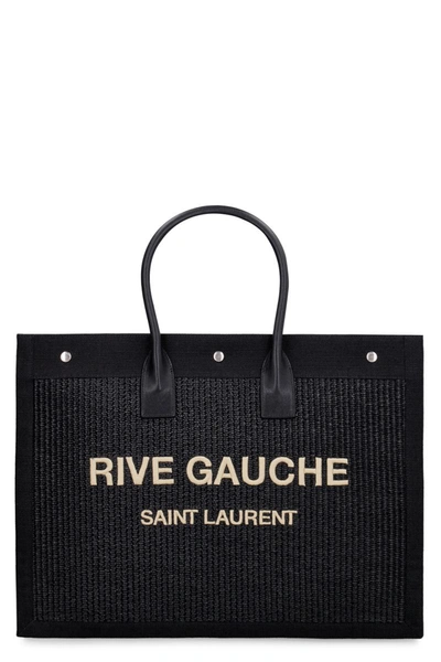 Saint Laurent Rive Gauche Woven Straw Tote In Black