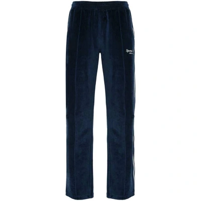 Sporty And Rich Logo-embroidered Elasticated-waist Velour Jogging Bottoms In Blue