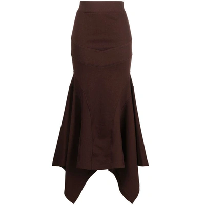 Attico Asymmetric Flared Skirt In Dark Brown