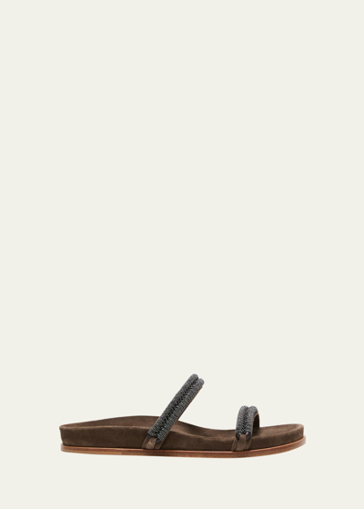 Brunello Cucinelli Monili Two Band Slide Sandals In C8769 Brown