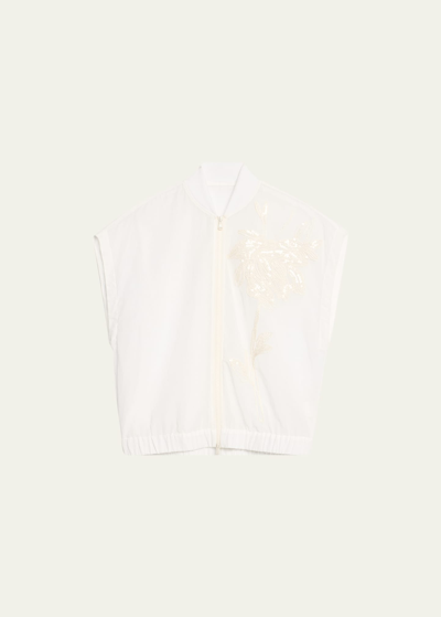 Brunello Cucinelli Crispy Silk Bomber Top With Magnolia Embroidery In C9593 Chalk