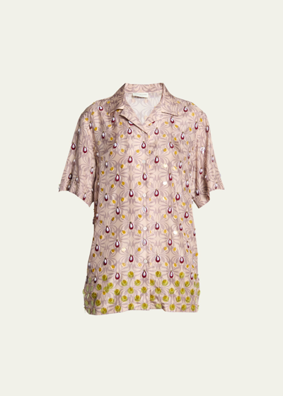 Dries Van Noten Clive Embroidered Short-sleeve Silk Shirt In Pink