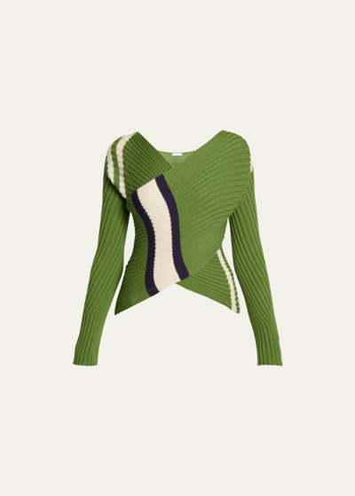 Dries Van Noten Ticket Crisscross Ribbed Wool Sweater In Green