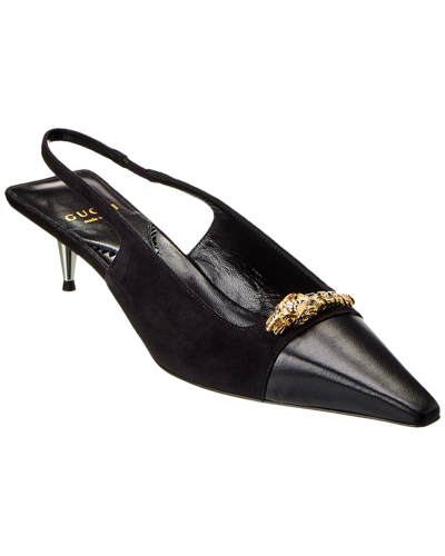 Gucci Tiger Head Leather & Suede Slingback Pump In Black