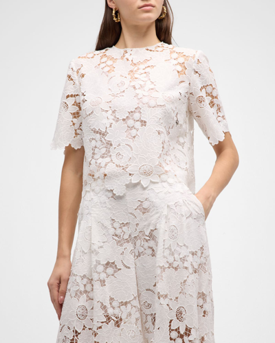 Oscar De La Renta Mixed Botanical Guipure Lace Top In White