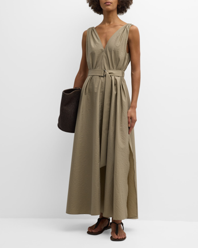 Brunello Cucinelli Crinkle Cotton Belted Maxi Dress With Monili Detail In C9591 Olive