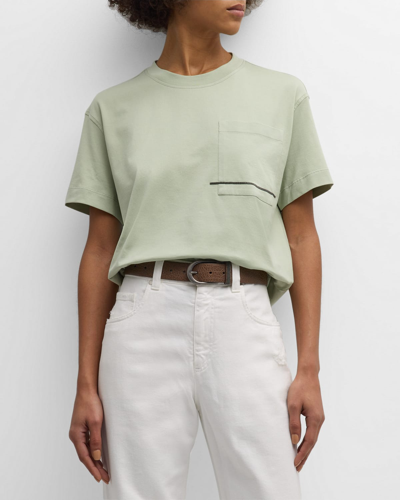 Brunello Cucinelli Horizontal Monili Pocket Short-sleeve Flat Cotton T-shirt In C9594 Sage